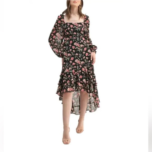 LUSH Women's Long Sleeve High-Low Boho Dress Black Red Floral Size Medium - Picture 2 of 8